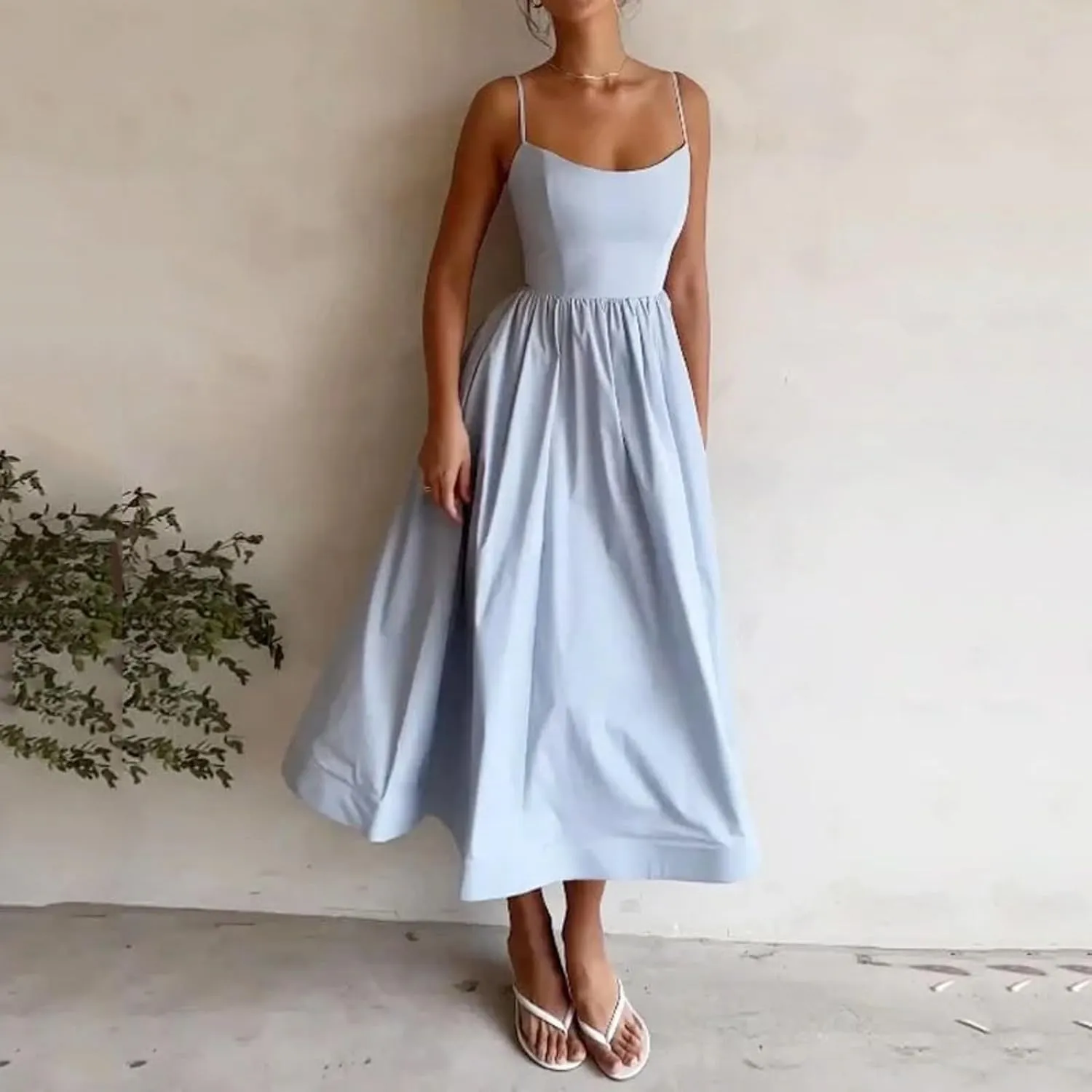 Women's Sleeveless Long Dresses Summer Sexy Sling U Neck Backless Tunic Swing Sundress Low Cut Solid Pleated Dress