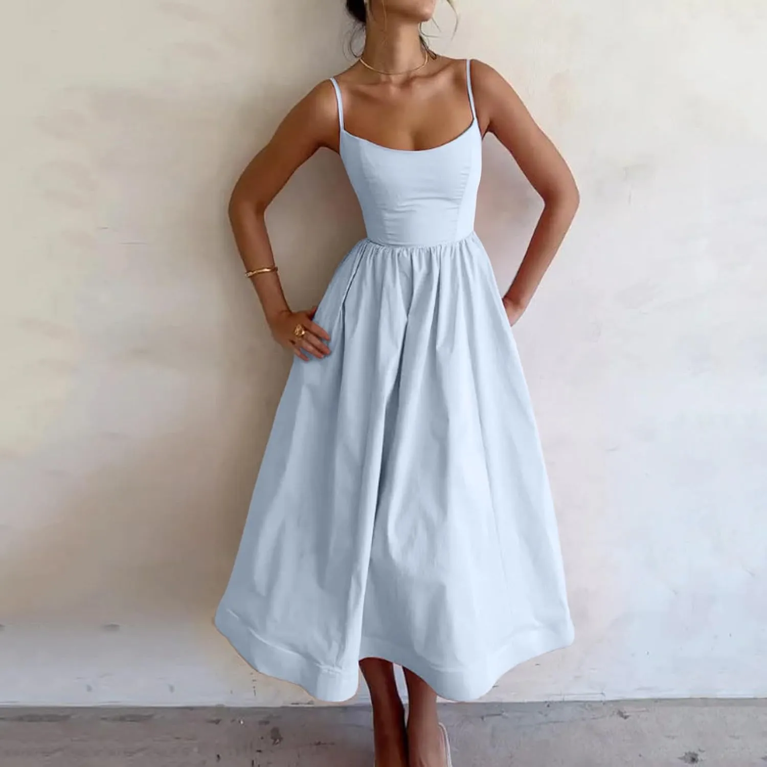 Women's Sleeveless Long Dresses Summer Sexy Sling U Neck Backless Tunic Swing Sundress Low Cut Solid Pleated Dress