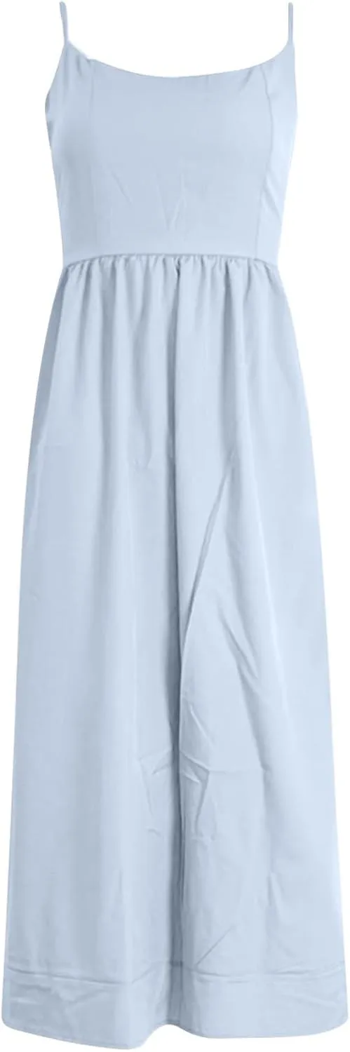 Women's Sleeveless Long Dresses Summer Sexy Sling U Neck Backless Tunic Swing Sundress Low Cut Solid Pleated Dress