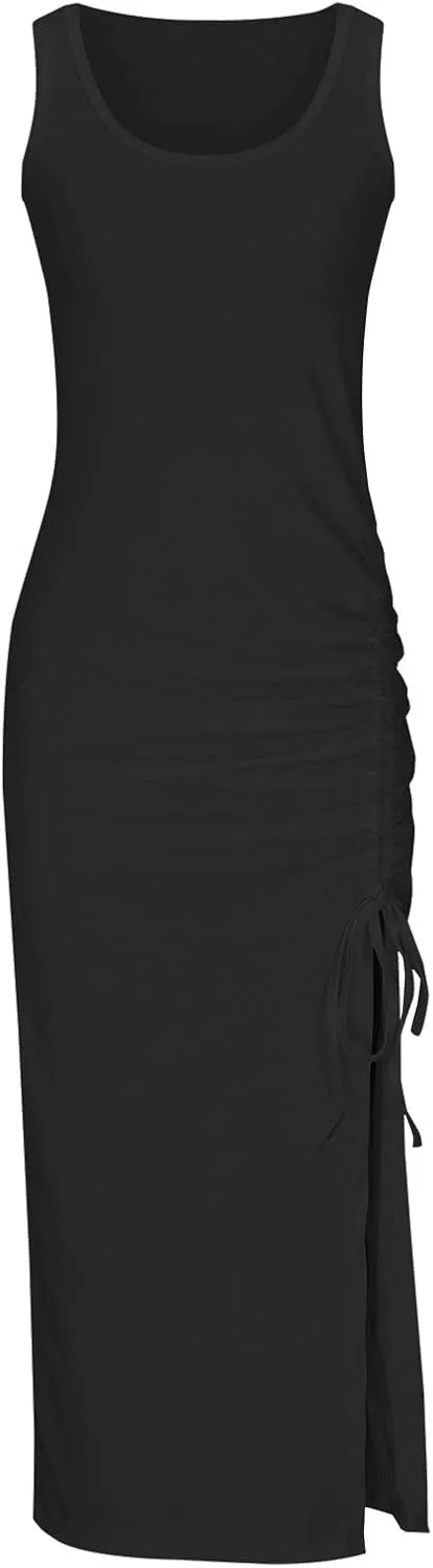 Womens Summer Dresses for Women Sexy Sleeveless Side Slit Bodycon Maxi Dress Casual Ruched Ribbed Knit Tank Beach