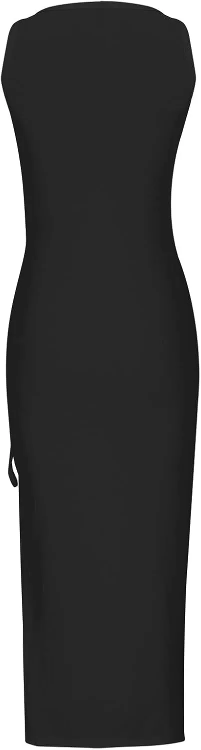Womens Summer Dresses for Women Sexy Sleeveless Side Slit Bodycon Maxi Dress Casual Ruched Ribbed Knit Tank Beach