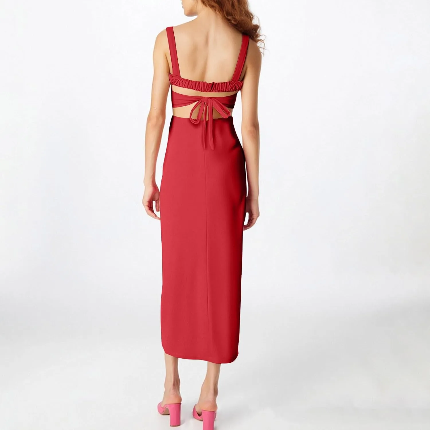 Xiaojmake Square Neck Bodycon Long Dress Sleeveless High Slit Cocktail Party Dresses Casual Summer Beach Vacation Dress 2025