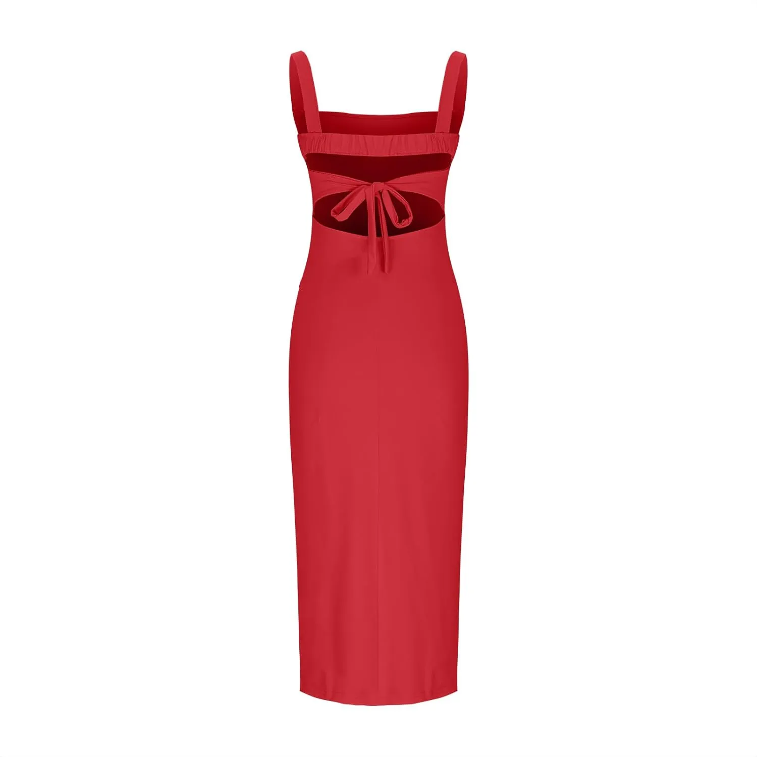 Xiaojmake Square Neck Bodycon Long Dress Sleeveless High Slit Cocktail Party Dresses Casual Summer Beach Vacation Dress 2025
